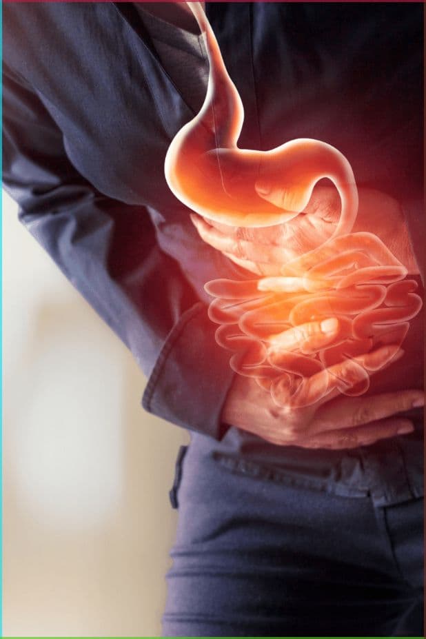 Person holding their stomach with a highlighted digestive tract, representing acid reflux and acidity discomfort
