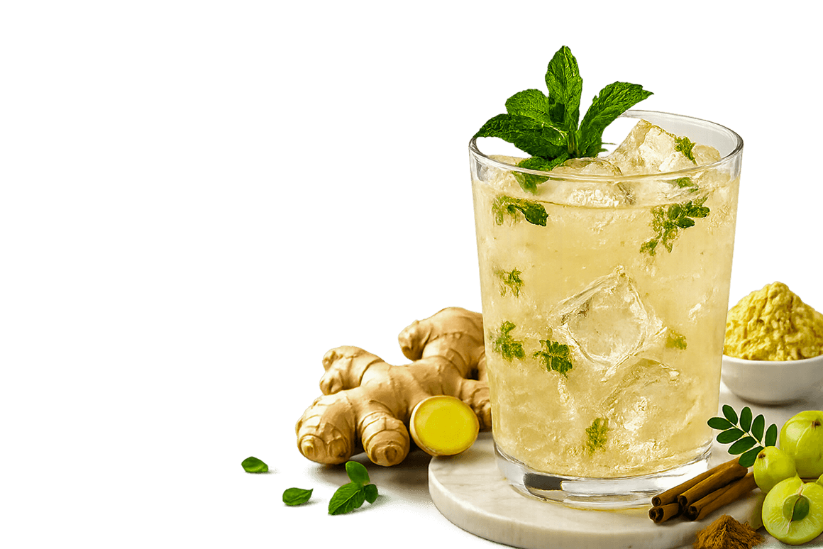 GENO herbal drink with fresh ginger, amla, and cinnamon