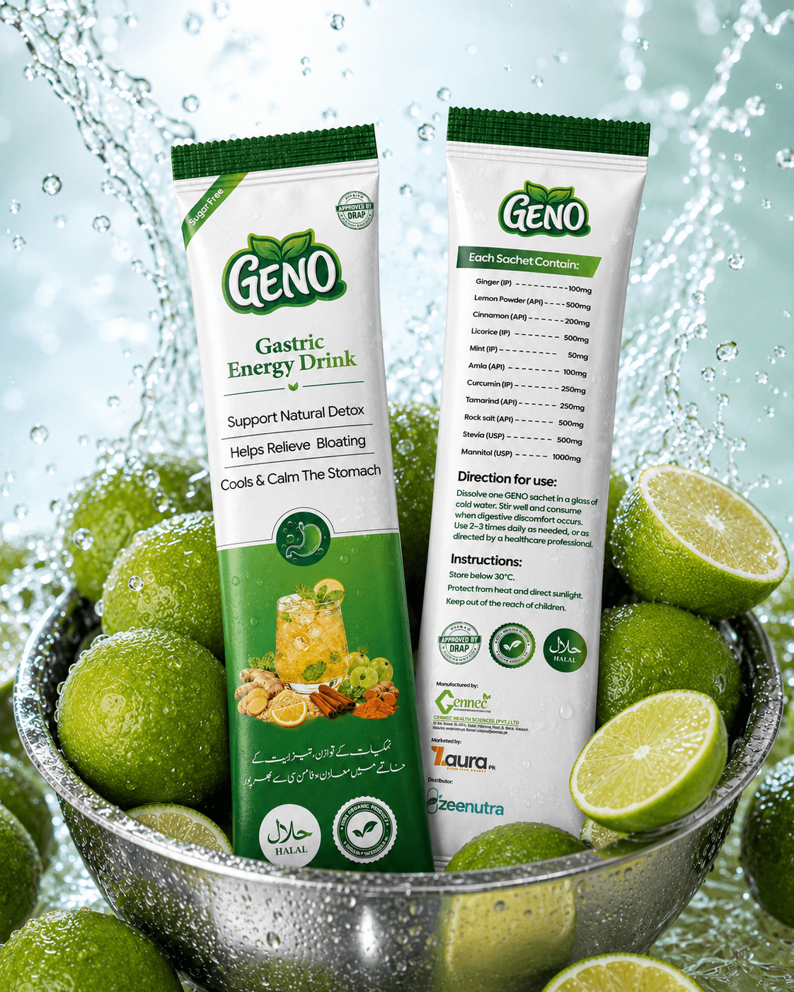 GENO sachets front and back in a bowl of fresh limes